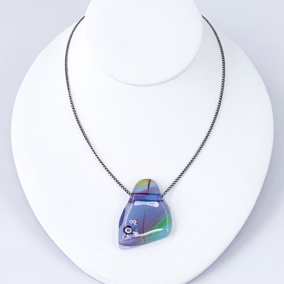 Dichroic Glass Pendant Necklace | Sterling Silver 925 | Colorful Artisan | 16.5" - Picture 2 of 8